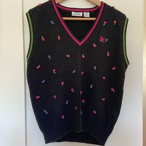 Black Vintage Cotton Knit Vest with Colorful Embroidery. Size M